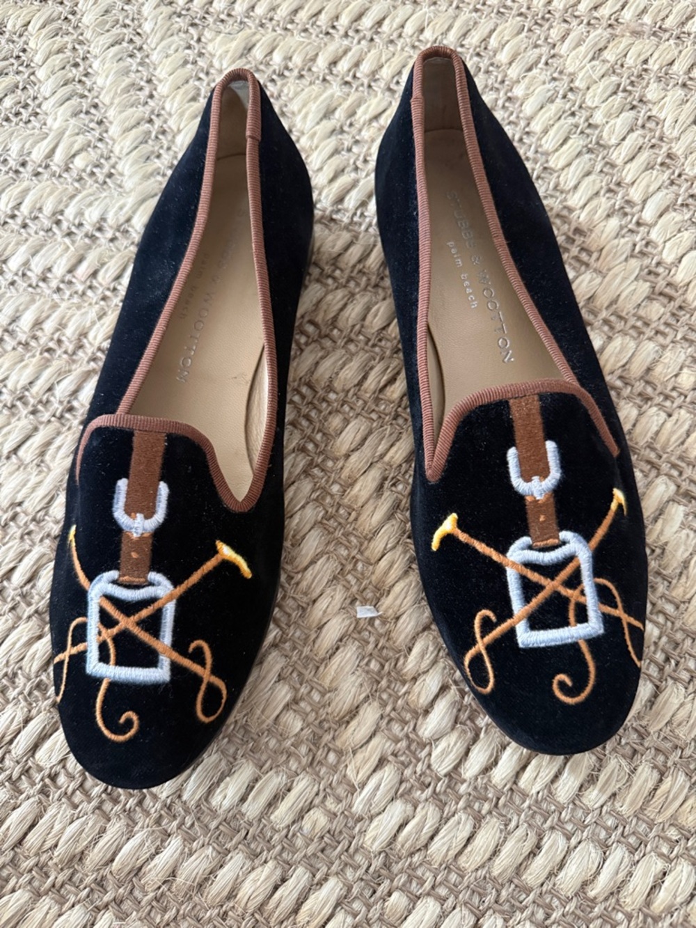 Stubbs & Wooton Black Velvet Embroidered Loafers